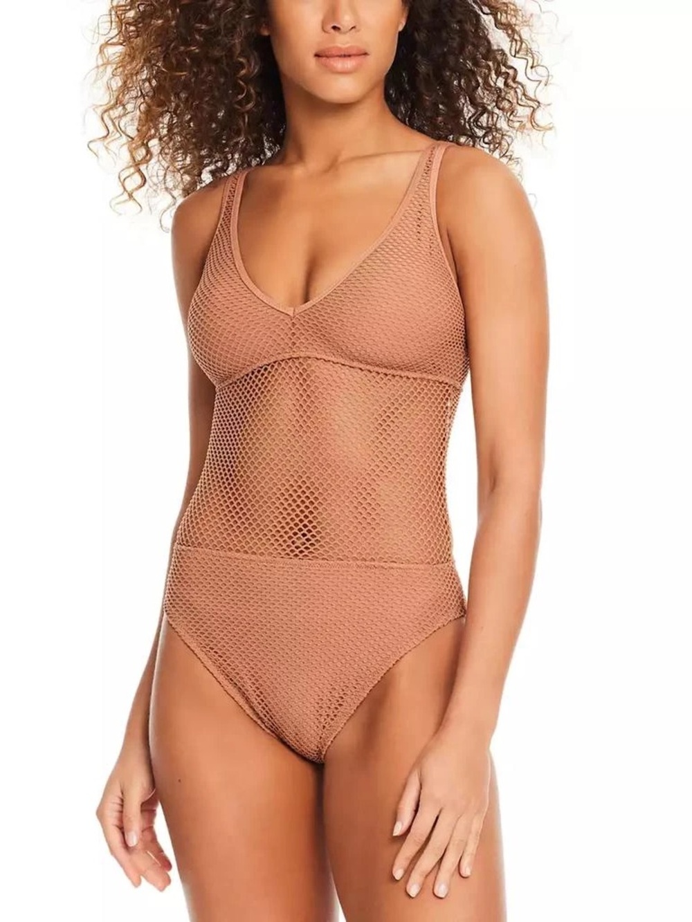 Sanctuary Sea Crochet One Piece beach Swimsuit w/ cover up in Light Brown